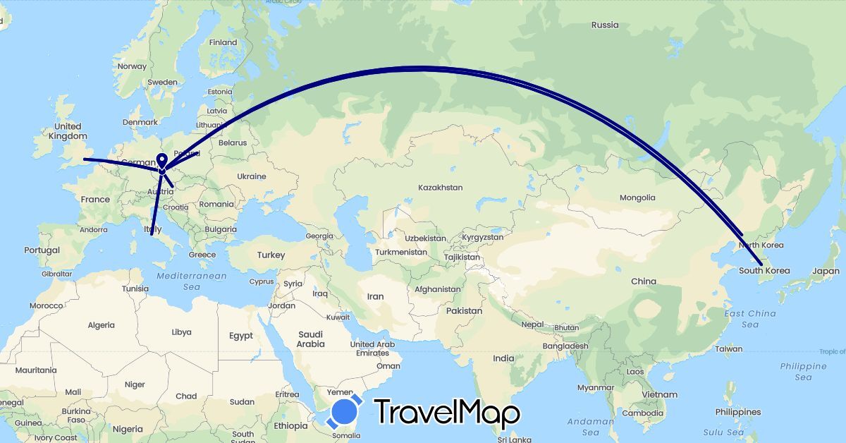 TravelMap itinerary: driving in Austria, Belgium, China, Czech Republic, United Kingdom, Italy, South Korea, Poland (Asia, Europe)